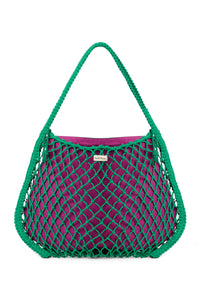 Macramé Mom-Bag in Grün mit Wende-Inlay in Lila-Grün