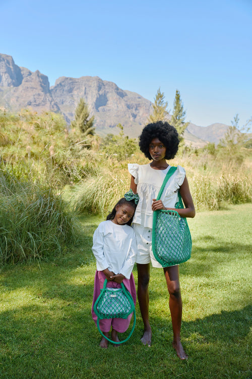 Blauw-Gele Dubbelzijdige Insert | Groene Macramé Mom Bag met