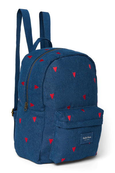 Denim Midi Backpack | Dark Blue Red Hearts