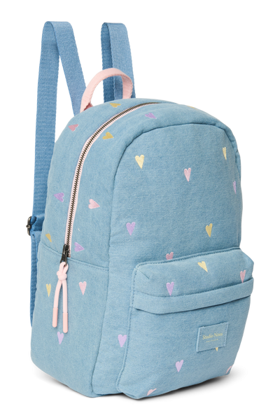 Denim Midi Backpack | Light Blue Hearts