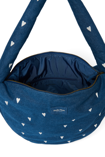 Denim Cross Body Bag | Dark Blue White Hearts