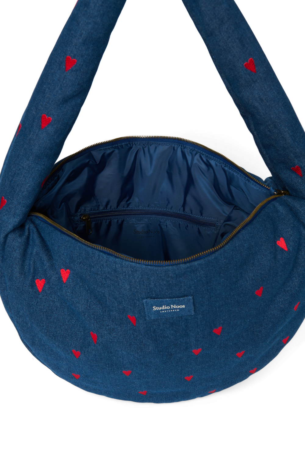 Denim Cross Body Bag | Dark Blue Red Hearts