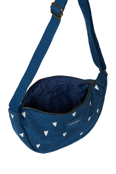Denim Adult Fanny Pack | Dark Blue White Hearts