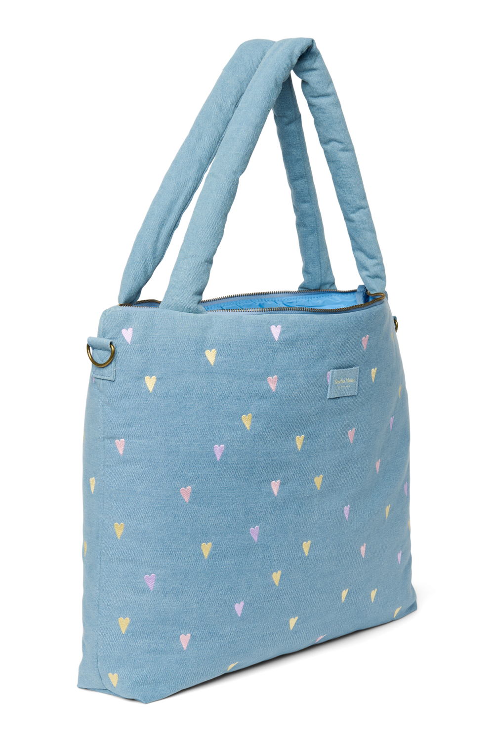 Denim Diaper Bag | Light Blue Hearts