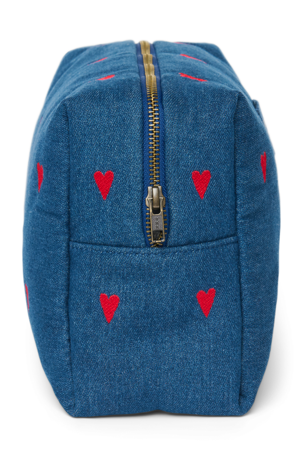 Denim Toiletry Bag | Dark Blue Red Hearts