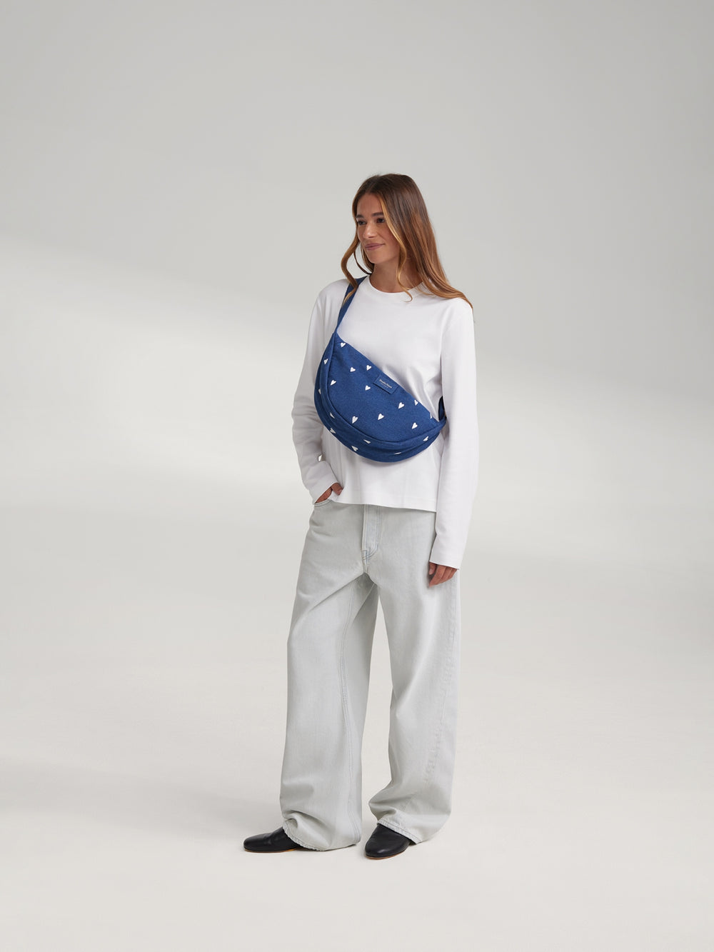 Denim Adult Fanny Pack | Dark Blue White Hearts