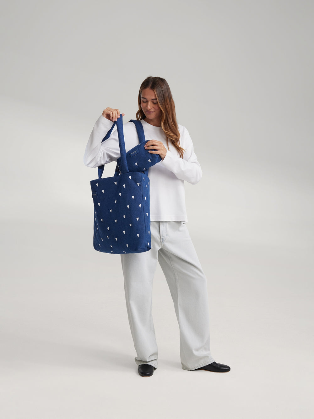 Denim Pouch | Dark Blue White Hearts