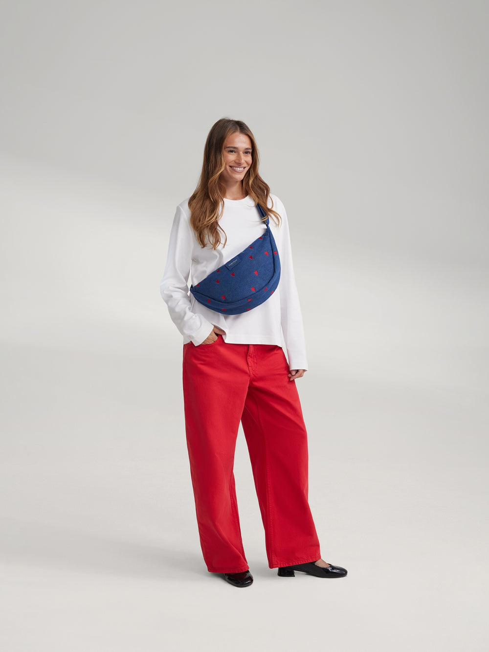 Denim Adult Fanny Pack | Dark Blue Red Hearts