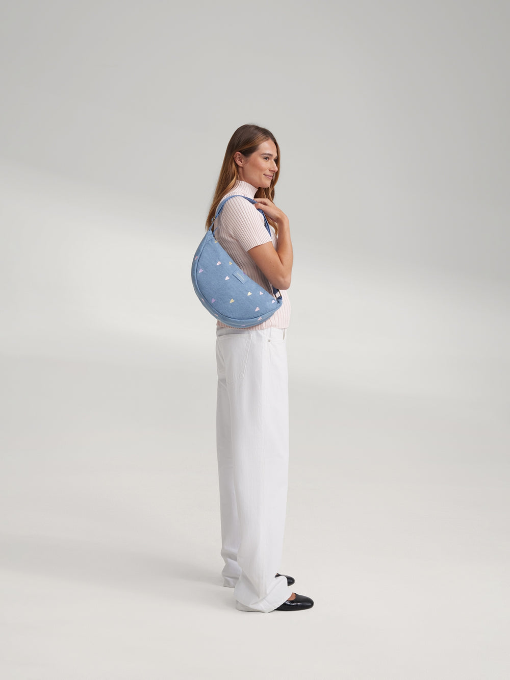 Denim Adult Fanny Pack | Light Blue Hearts
