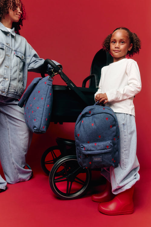 Denim Midi Backpack | Dark Blue Red Hearts