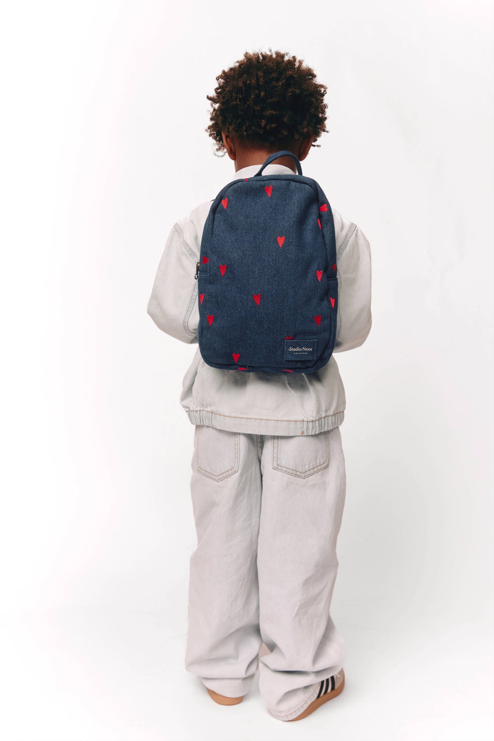 Denim Mini Backpack | Dark Blue Red Hearts