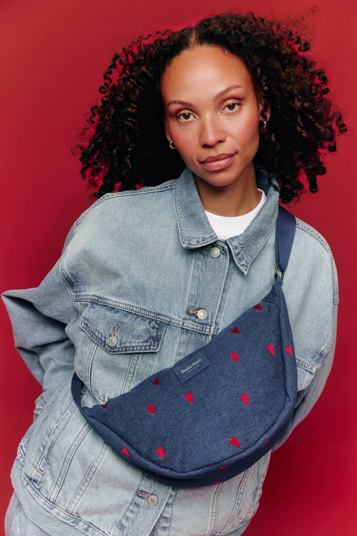 Denim Sac Banane Adulte | Bleu Foncé Cœurs Rouges