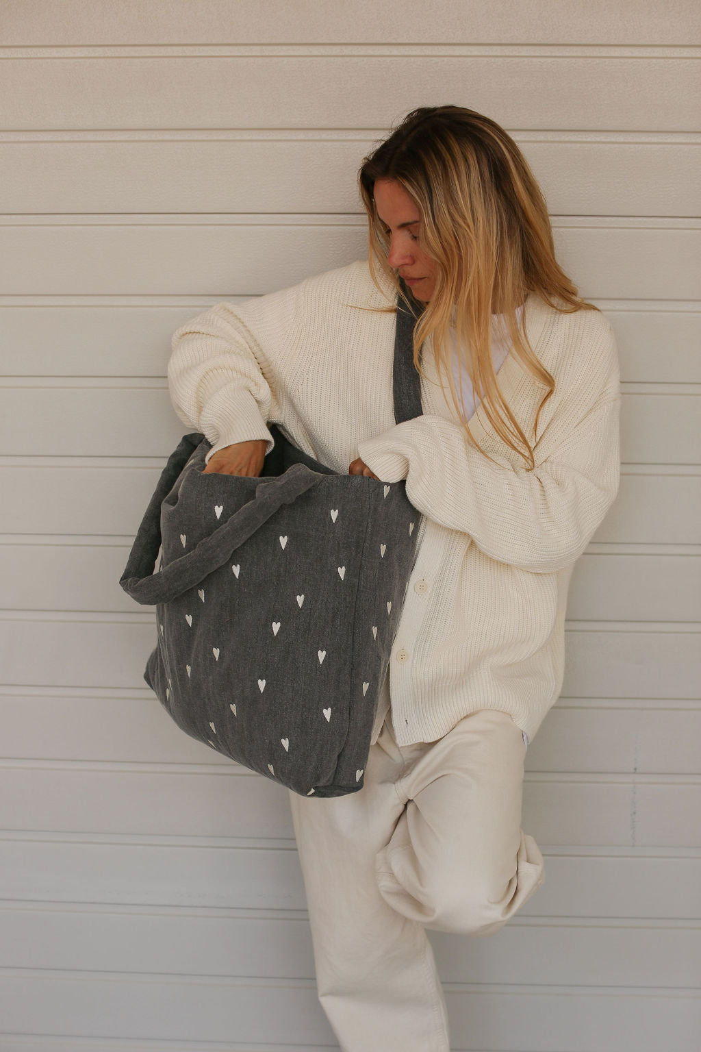 Denim Mom Bag | Grey Hearts