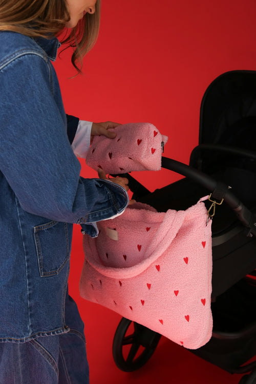 Teddy Diaper Bag | Light Pink Hearts