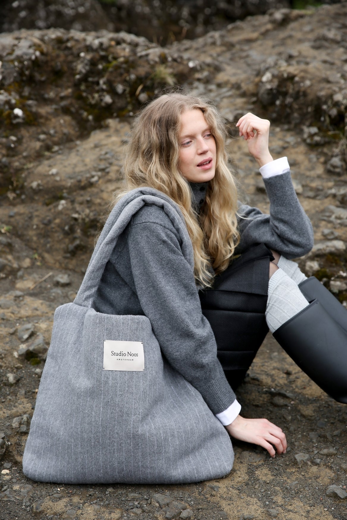 Flannel Chalkstripe Mom Bag | Light Grey