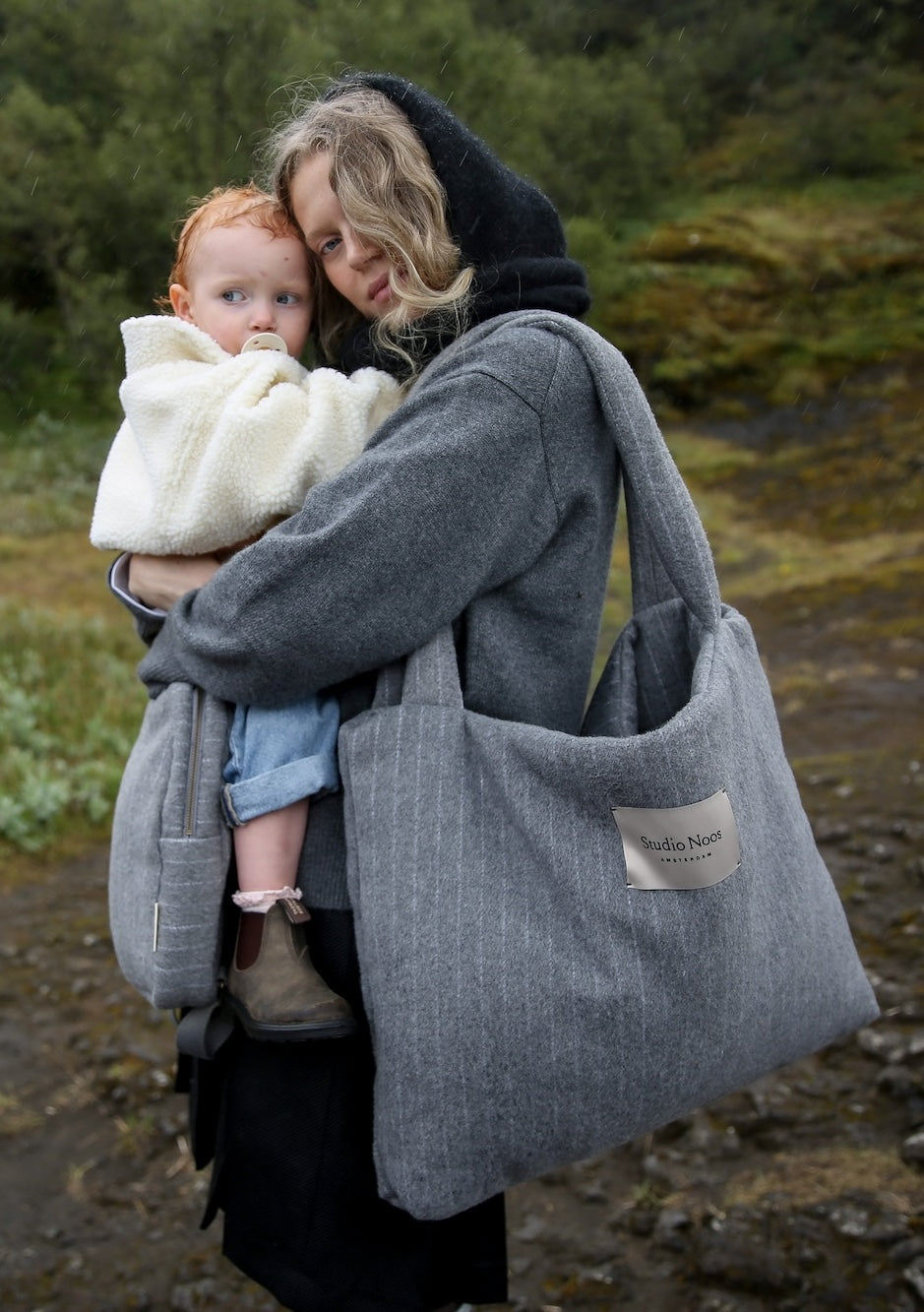 Flannel Chalkstripe Mom Bag | Light Grey