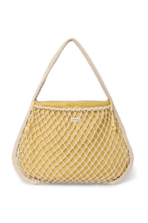 Pochette réversible Bleu-Jaune | Mom Bag en macramé naturel avec