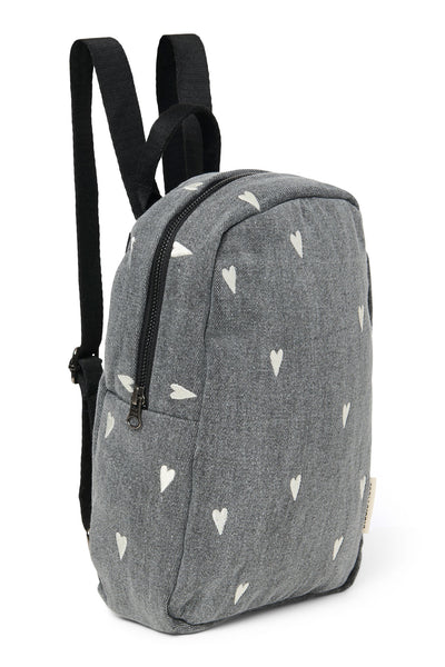 Denim Mini Backpack | Grey Hearts