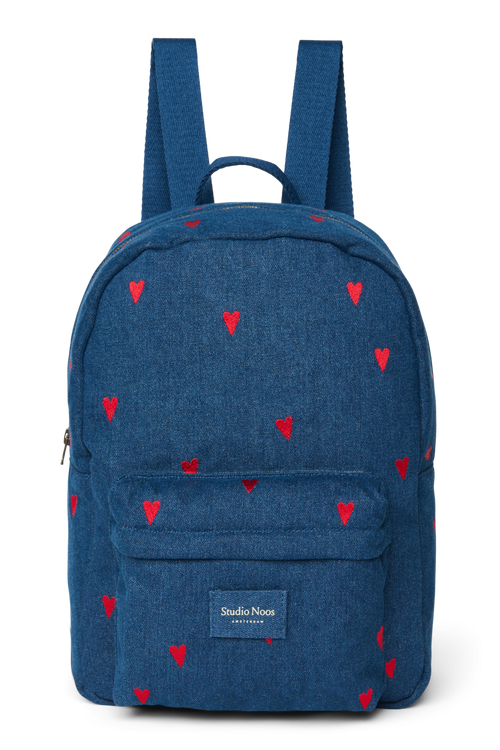 Denim Midi Backpack | Dark Blue Red Hearts