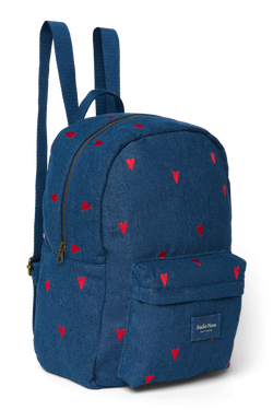 Denim Midi Backpack | Dark Blue Red Hearts