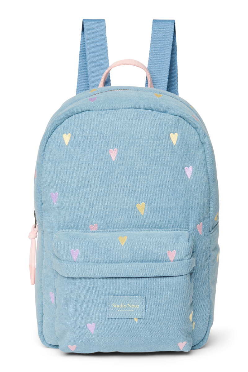 Denim Midi Backpack, Light Blue Hearts
