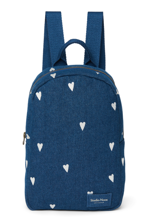 Denim Mini Backpack | Dark Blue White Hearts