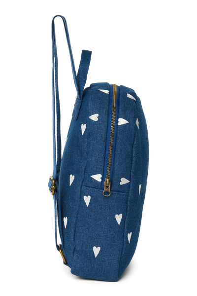 Denim Mini Backpack | Dark Blue White Hearts