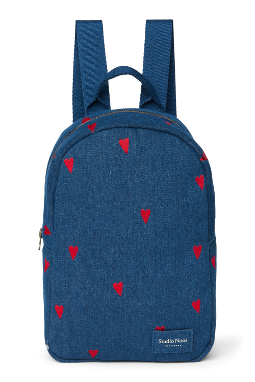 Denim Mini Backpack | Dark Blue Red Hearts