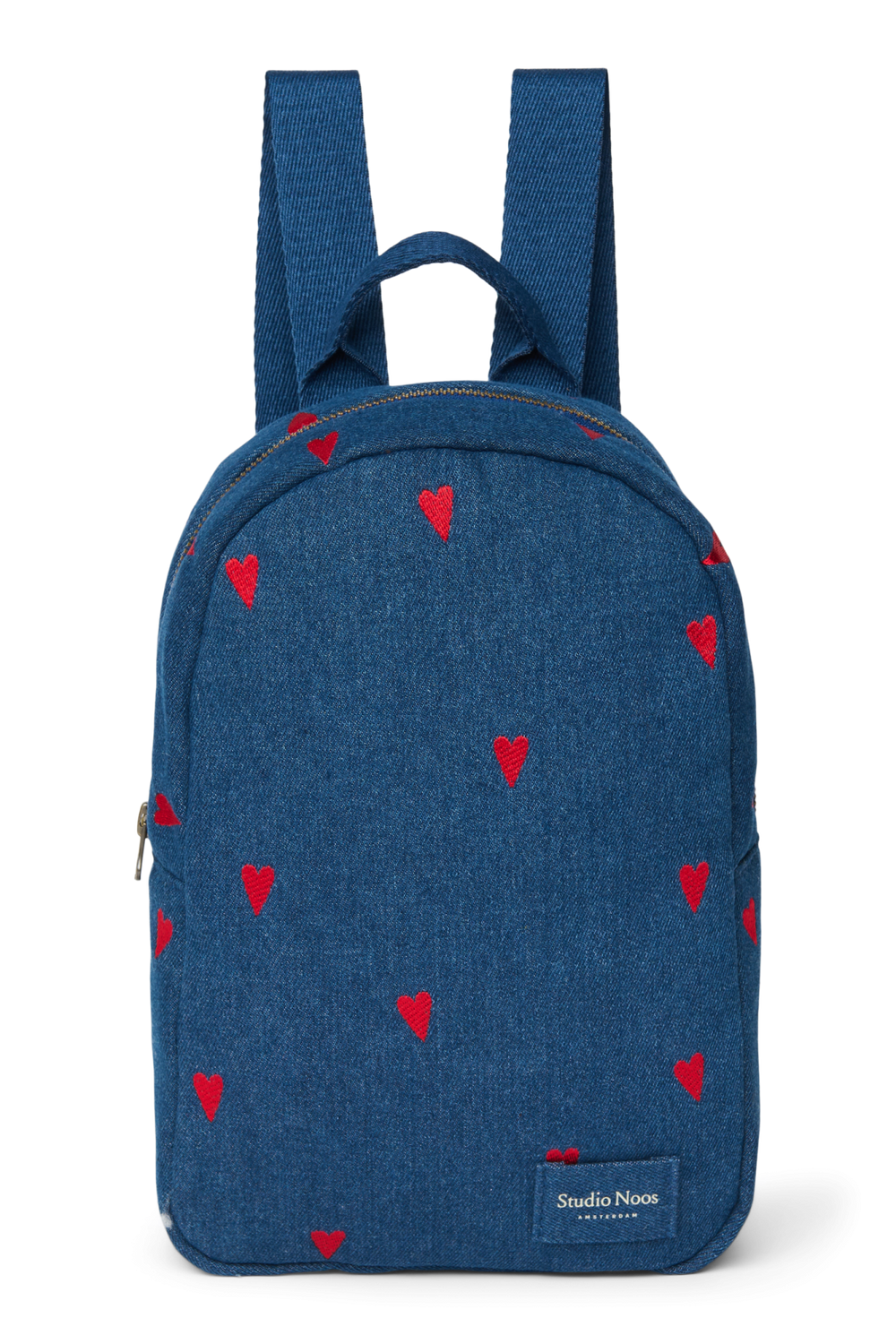 Denim Mini Backpack | Dark Blue Red Hearts