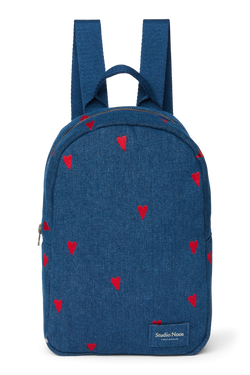 Denim Mini Backpack | Dark Blue Red Hearts