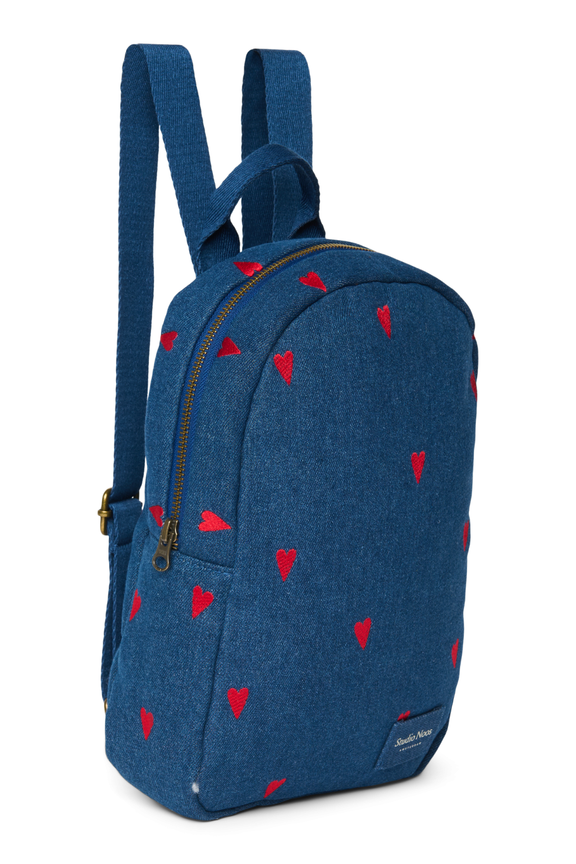 Denim Mini Backpack | Dark Blue Red Hearts