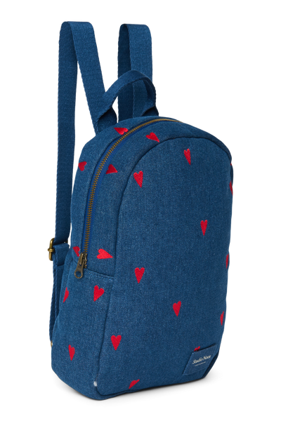 Denim Mini Backpack | Dark Blue Red Hearts