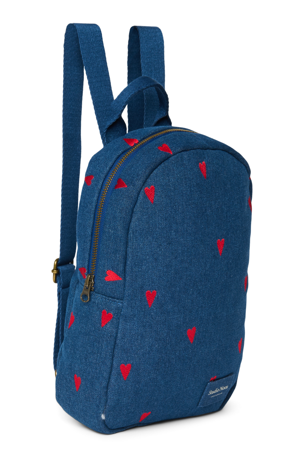 Denim Mini Backpack | Dark Blue Red Hearts