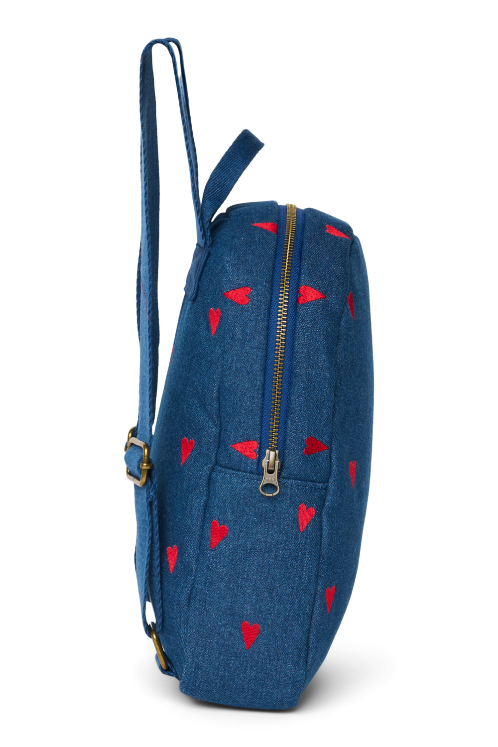 Denim Mini Backpack | Dark Blue Red Hearts