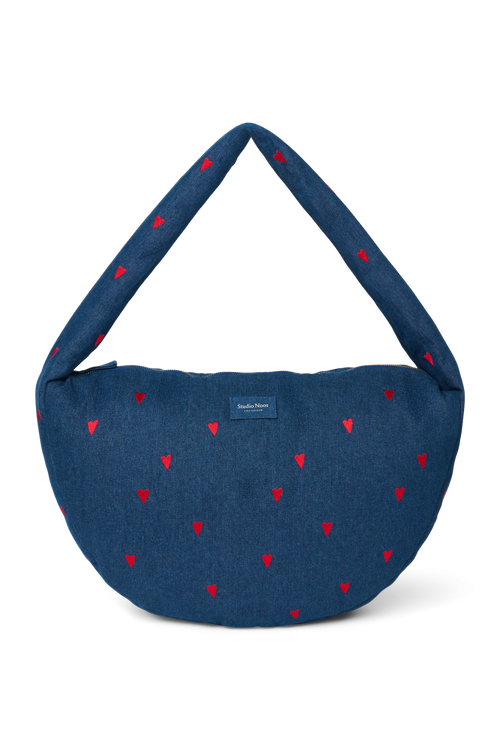 Denim Cross Body Bag | Dark Blue Red Hearts