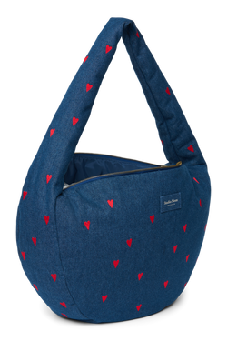 Denim Cross Body Bag | Dark Blue Red Hearts
