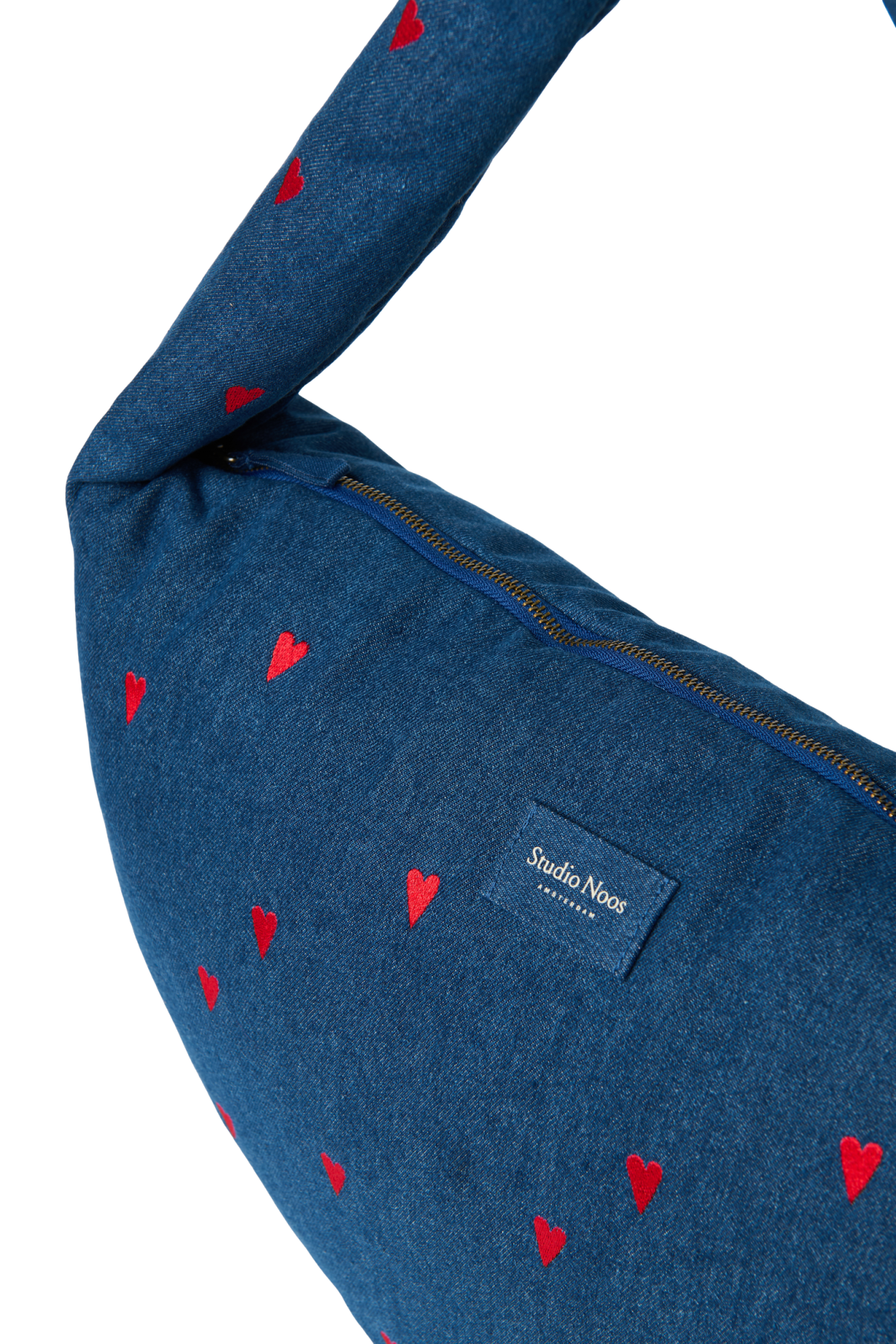 Denim Cross Body Bag | Dark Blue Red Hearts