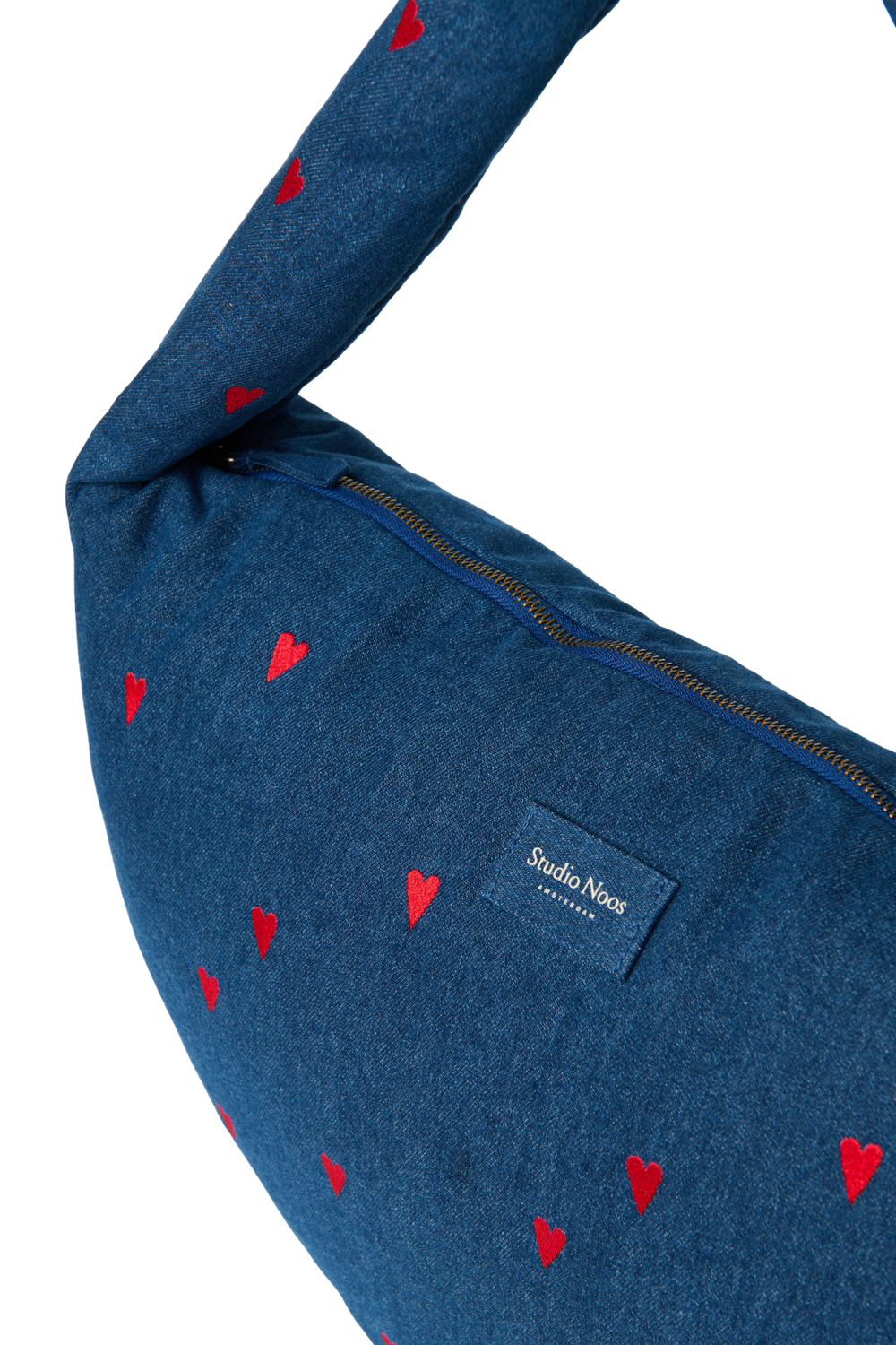 Denim Cross Body Bag | Dark Blue Red Hearts