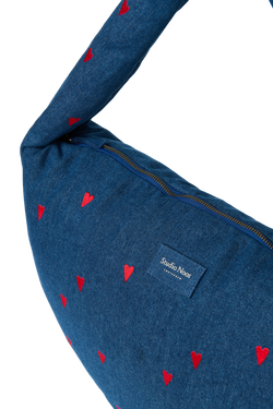 Denim Cross Body Bag | Dark Blue Red Hearts