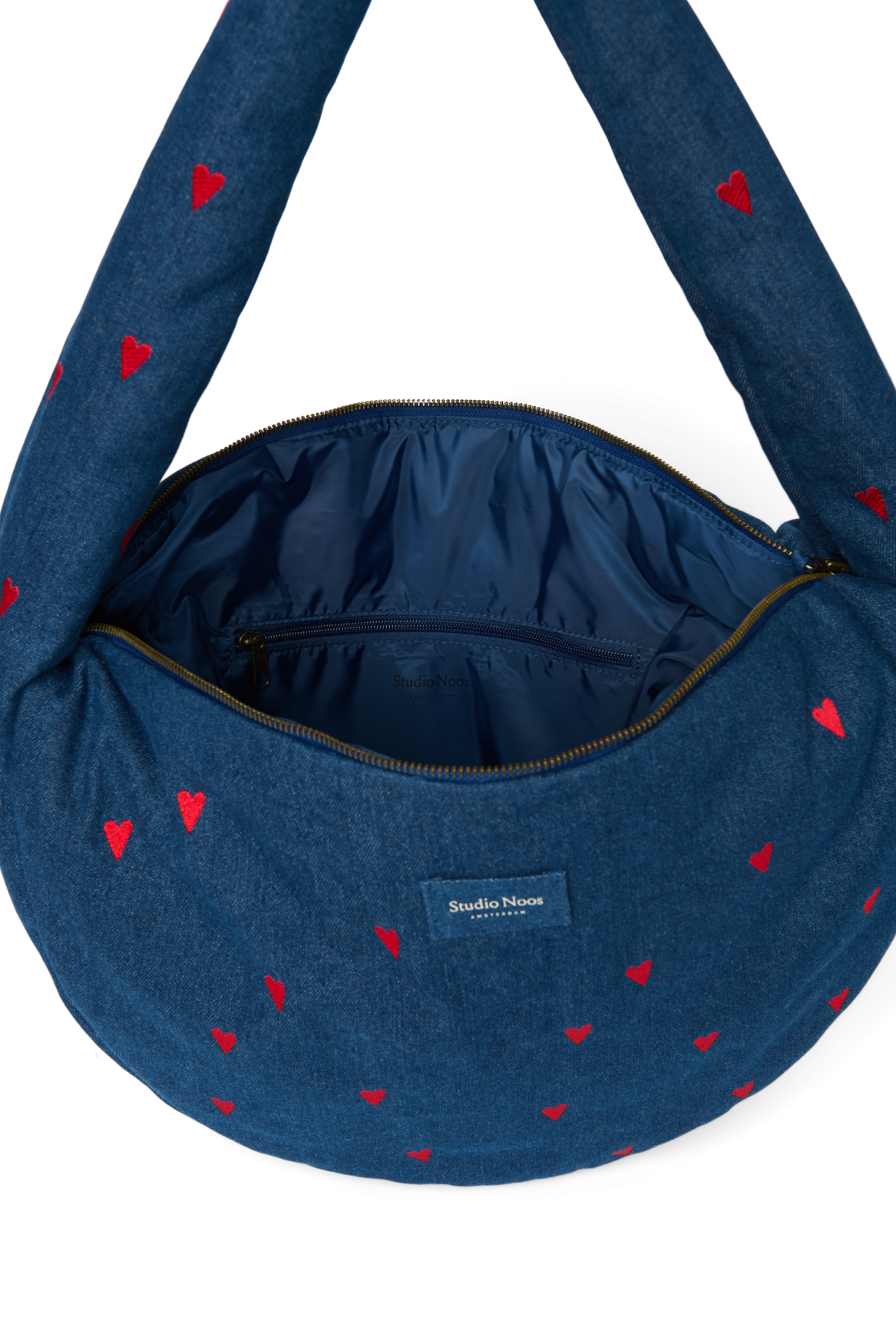 Denim Cross Body Bag | Dark Blue Red Hearts