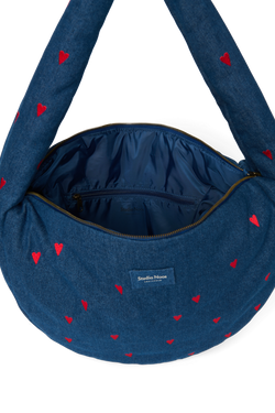 Denim Cross Body Bag | Dark Blue Red Hearts