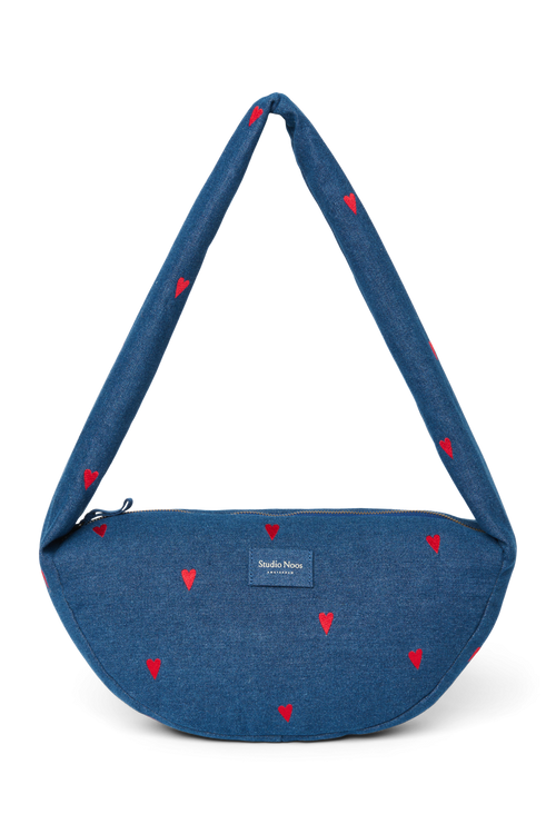 Denim Mini Cross Body Bag | Dark Blue Red Hearts