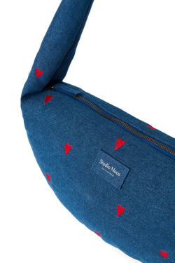 Denim Mini Cross Body Bag | Dark Blue Red Hearts