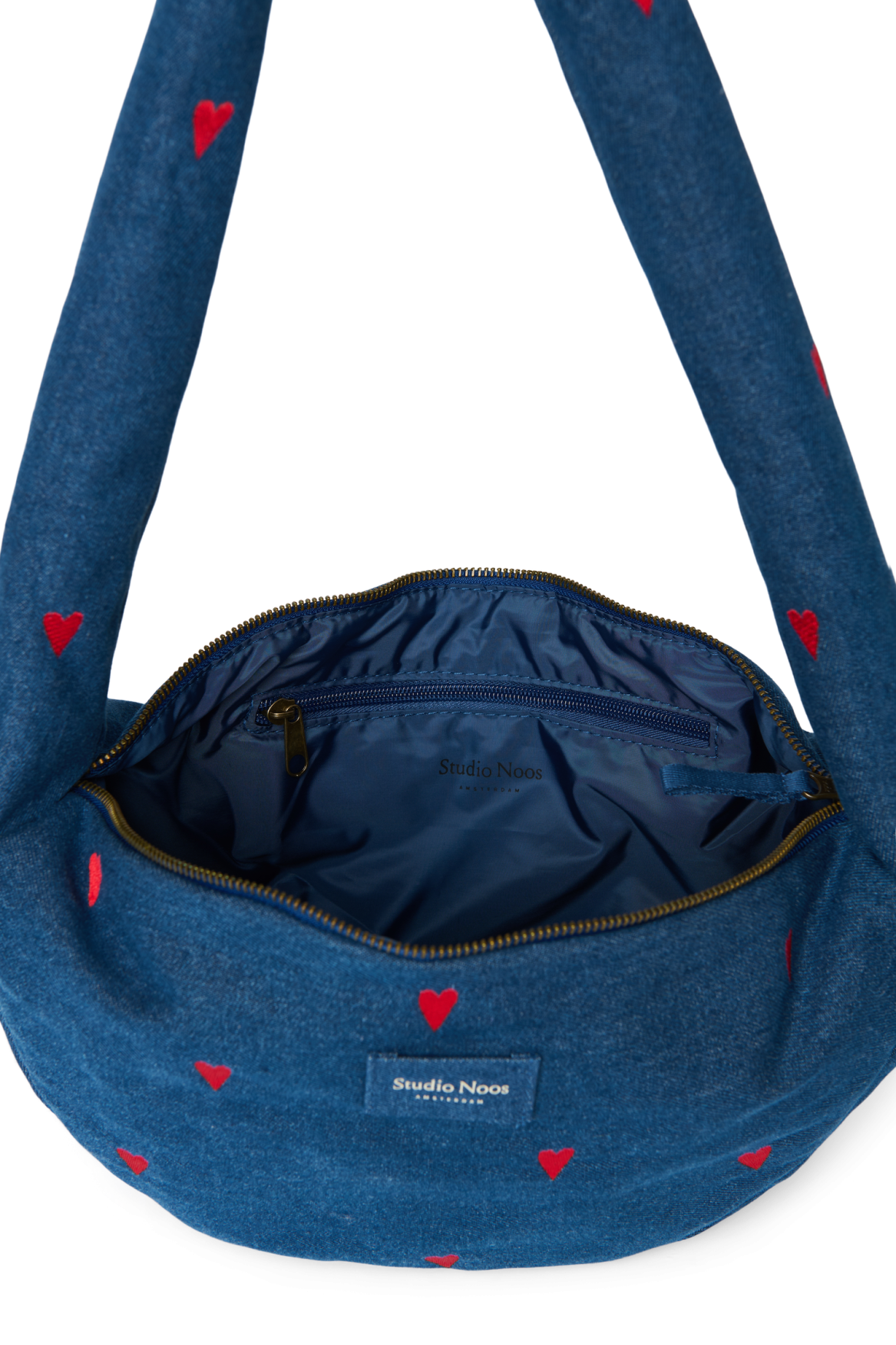 Denim Mini Cross Body Bag | Dark Blue Red Hearts