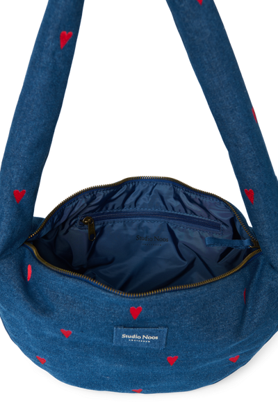 Denim Mini Cross Body Bag | Dark Blue Red Hearts