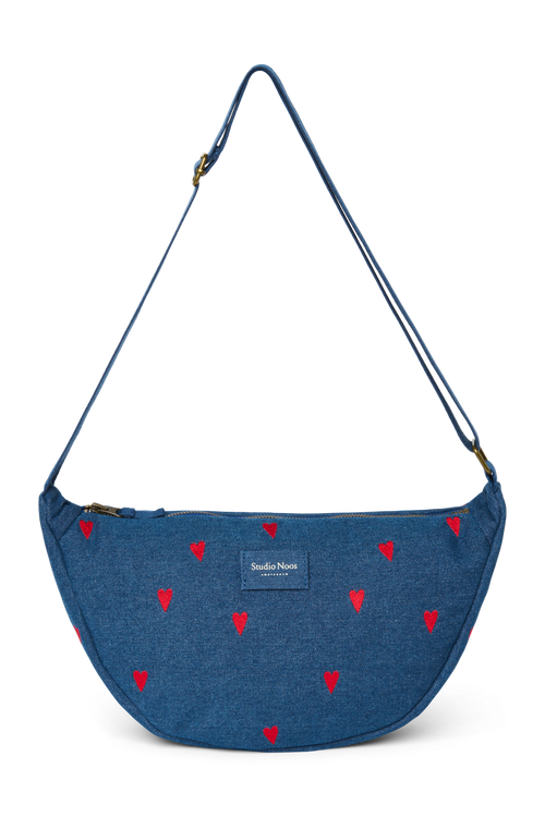 Denim Adult Fanny Pack | Dark Blue Red Hearts