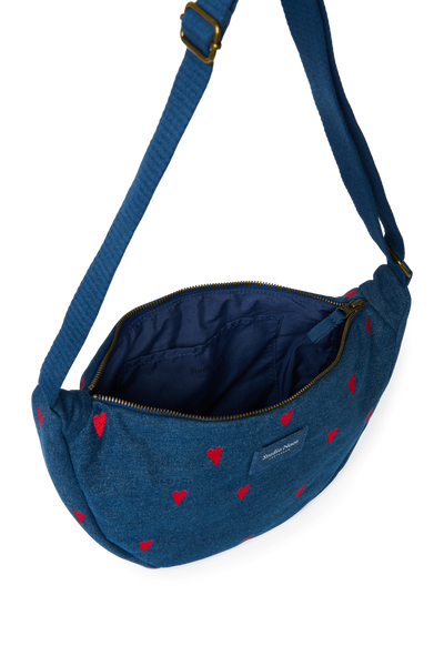 Denim Adult Fanny Pack | Dark Blue Red Hearts