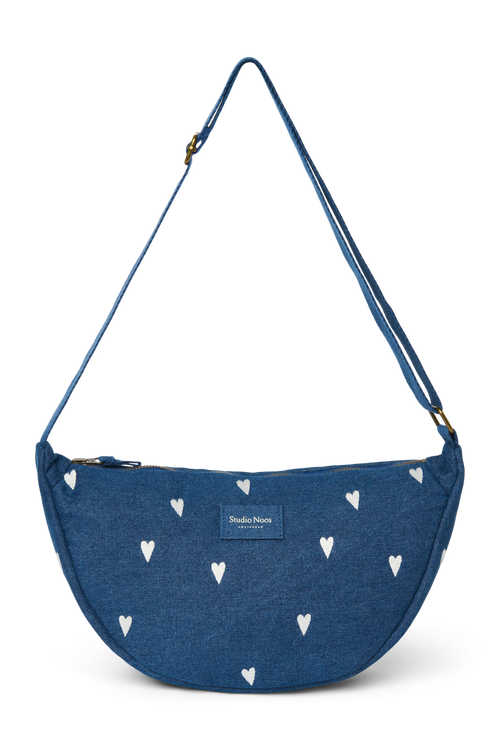 Denim Adult Fanny Pack | Dark Blue White Hearts