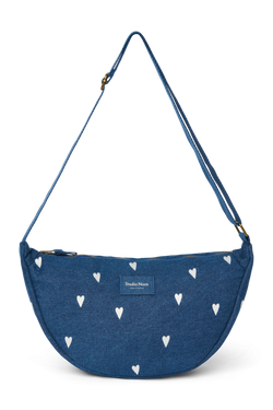 Denim Adult Fanny Pack | Dark Blue White Hearts