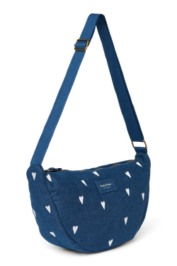 Denim Adult Fanny Pack | Dark Blue White Hearts